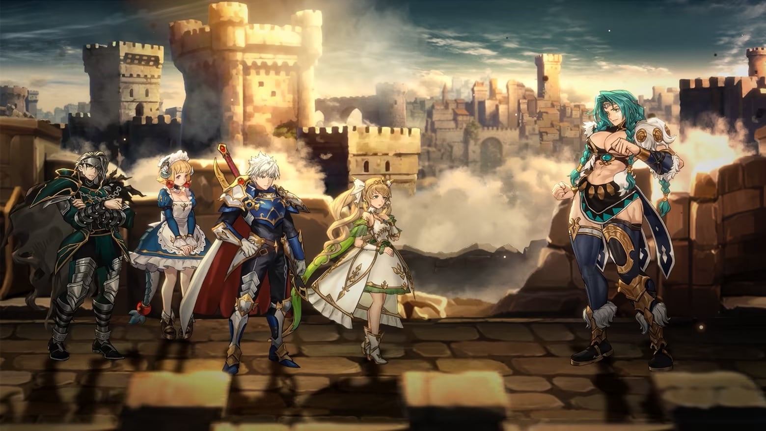 Anime characters stand on a castle wall.