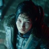 Key art from the Last Sentinel featuring an Asian woman looking up in the rain