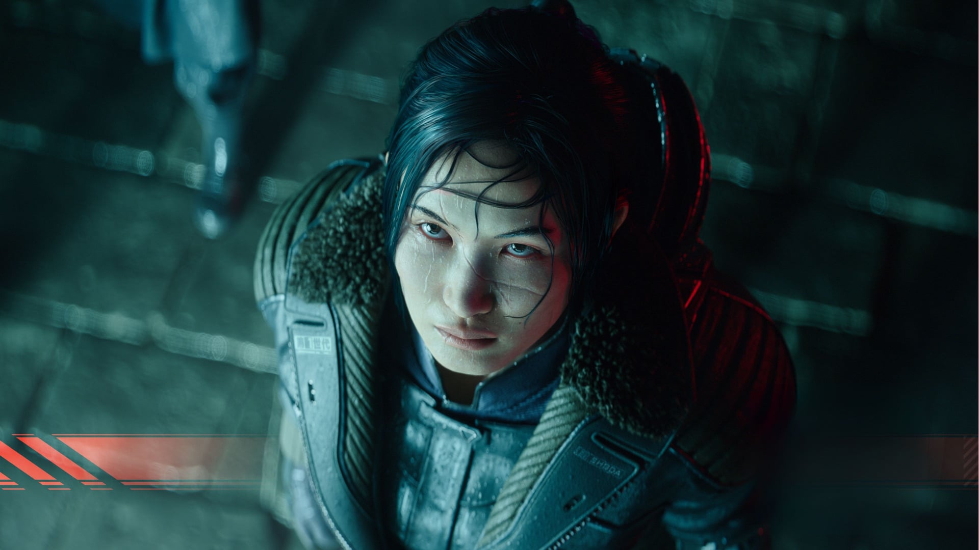 Key art from the Last Sentinel featuring an Asian woman looking up in the rain
