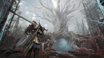 A warrior stands beneath a grey tree.