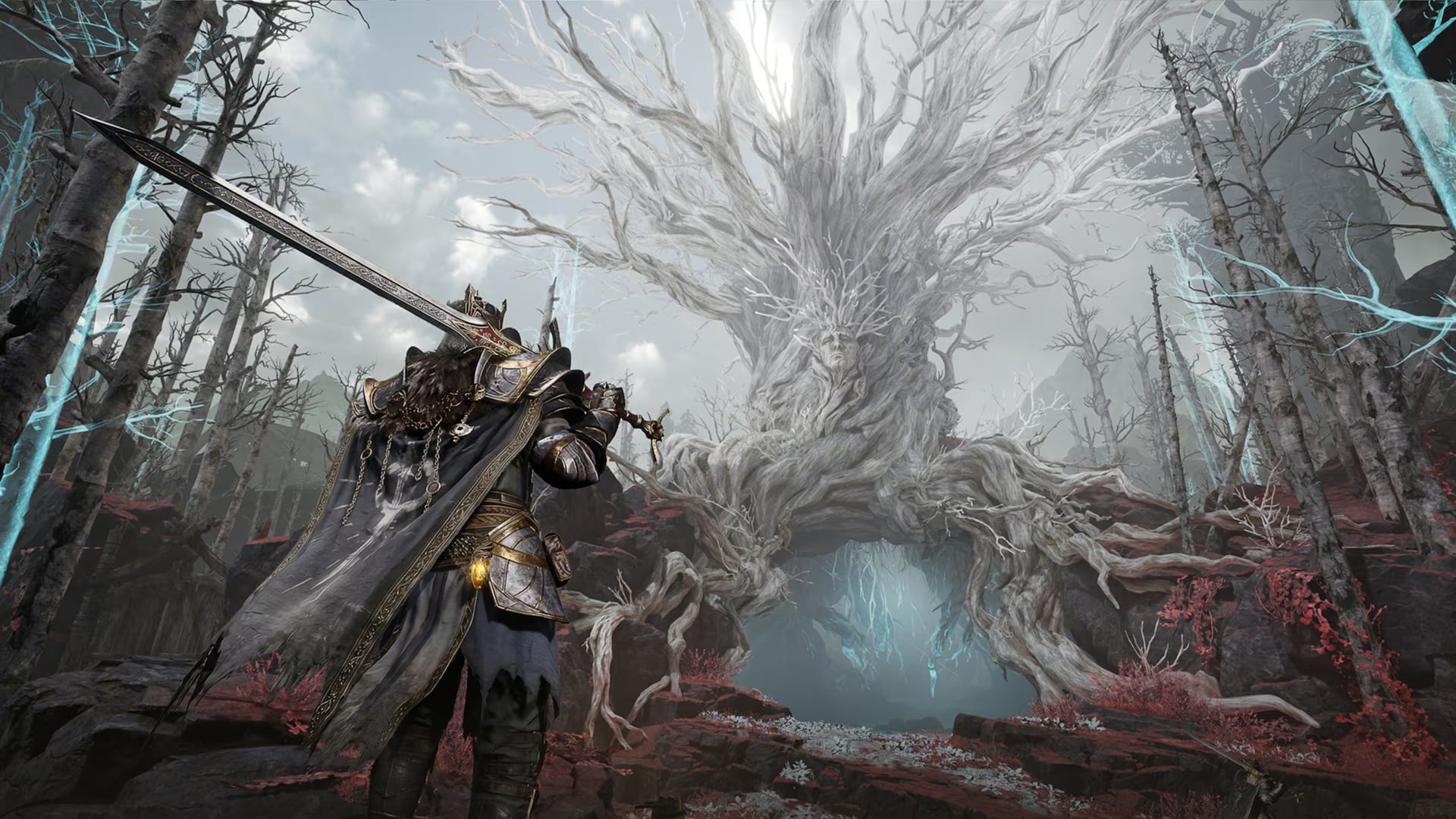 A warrior stands beneath a grey tree.