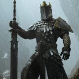 A warrior in heavy armor stands in the cold.
