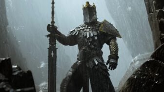 A warrior in heavy armor stands in the cold.