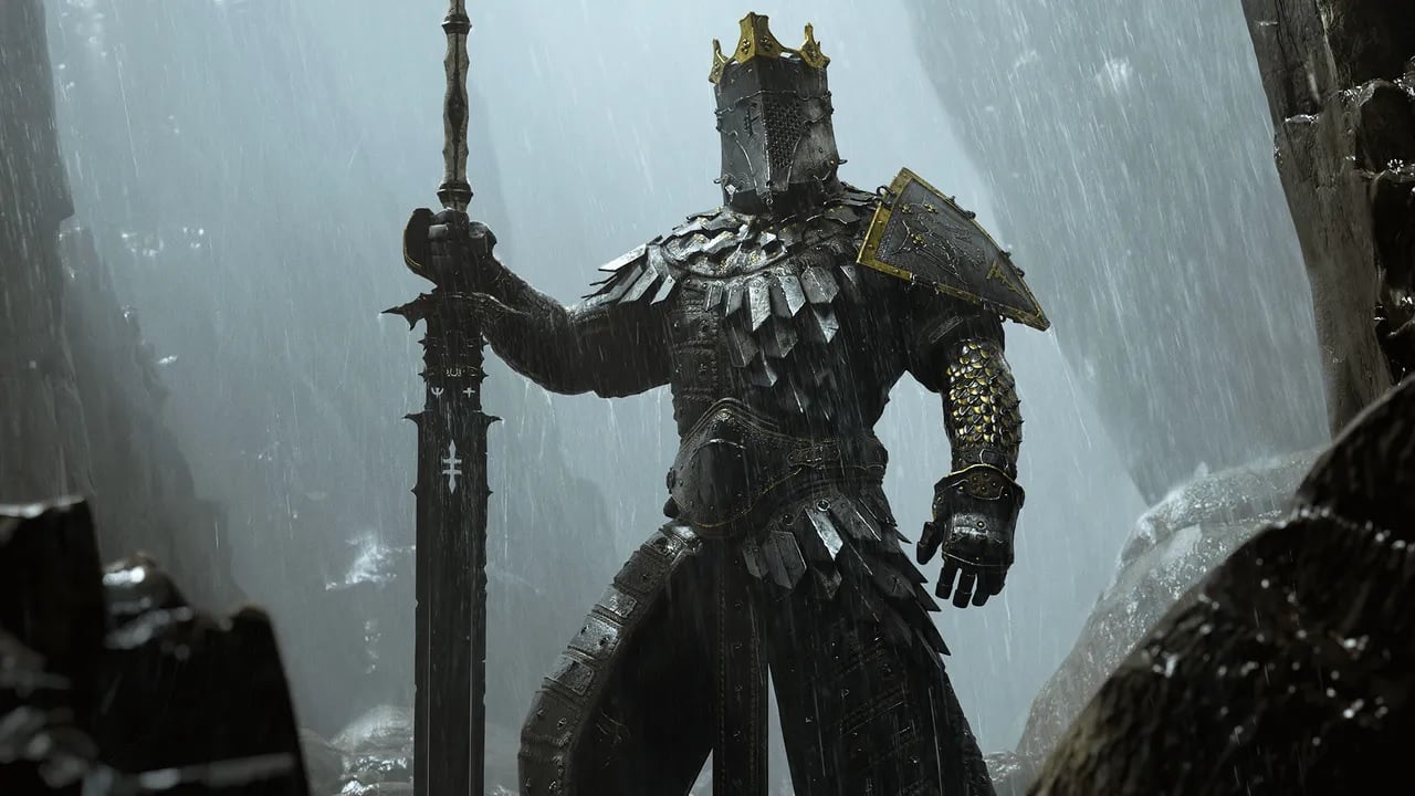 A warrior in heavy armor stands in the cold.