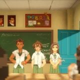 Kids stand in a classroom.