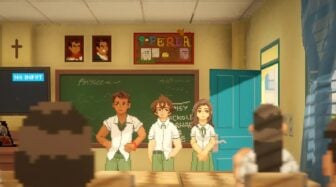 Kids stand in a classroom.