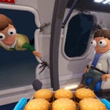 Someone flies out the hatch as others are served hamburgers.