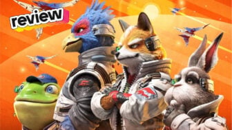 Screenshot from Star Fox for the Nintendo Switch 2 featuring the ensemble furry cast of Slippy Toad, Falco Lombardi, Fox McCloud, and Peppy Hare with a graphic that says Review in the top left corner
