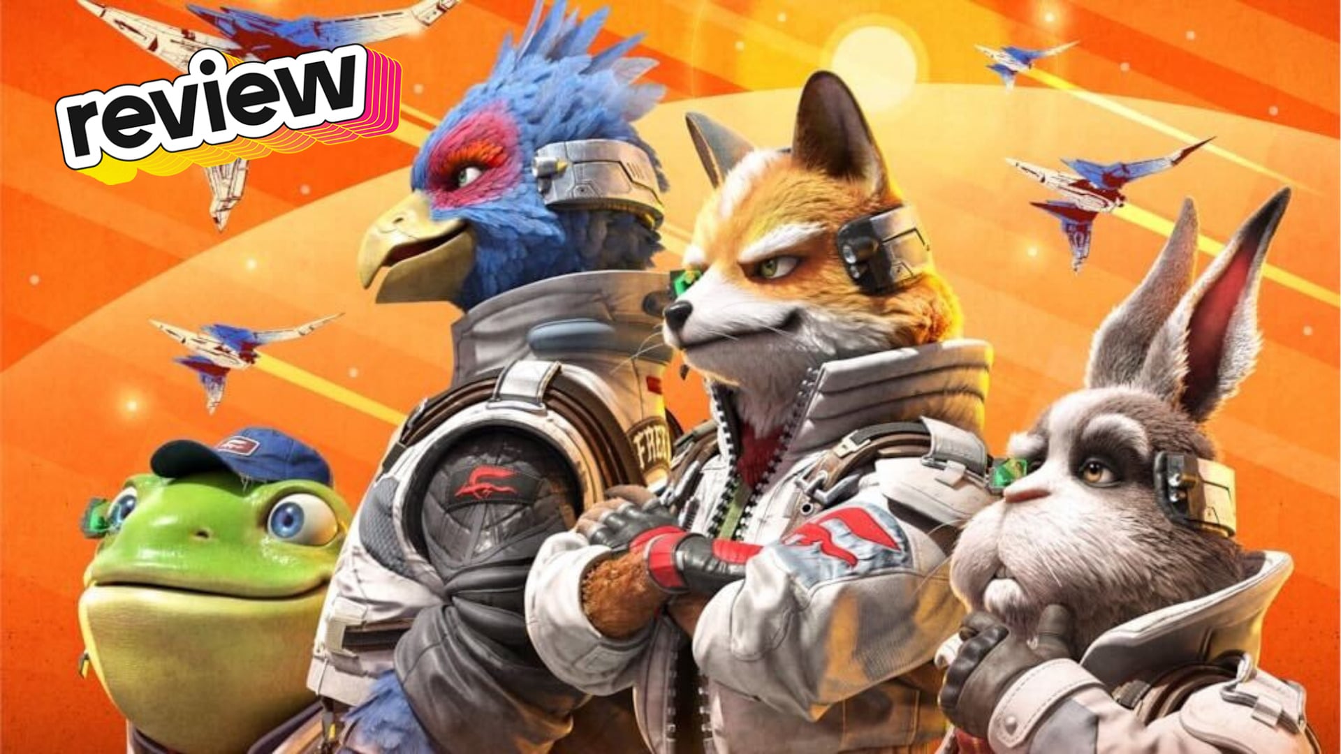 Screenshot from Star Fox for the Nintendo Switch 2 featuring the ensemble furry cast of Slippy Toad, Falco Lombardi, Fox McCloud, and Peppy Hare with a graphic that says Review in the top left corner