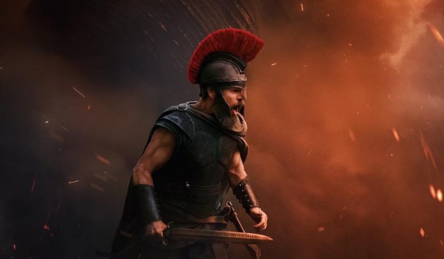 Matt Damon appears on a movie poster in a Greek helmet.