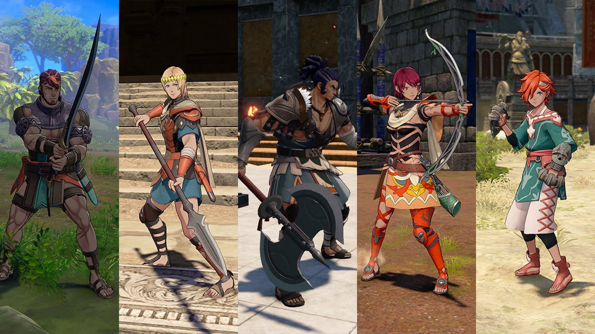 Screenshot from Fire Emblem Fortune's Weave X account featuring five different characters weilding the five different weapon types: swords, spears, axes, bows, and gauntlets