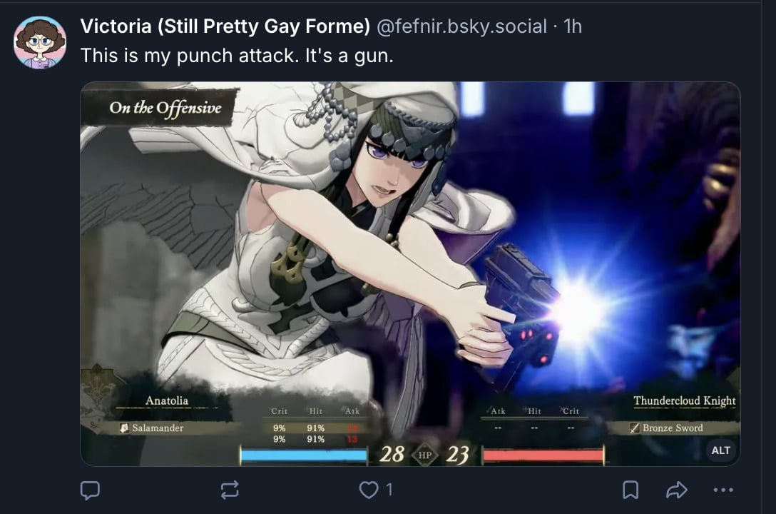 A bluesky post talking about the Fire emblem gun