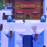 A screenshot of Haunted Chocolatier showing a character running in front of the chocolate shop.
