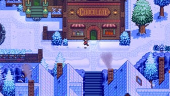 A screenshot of Haunted Chocolatier showing a character running in front of the chocolate shop.
