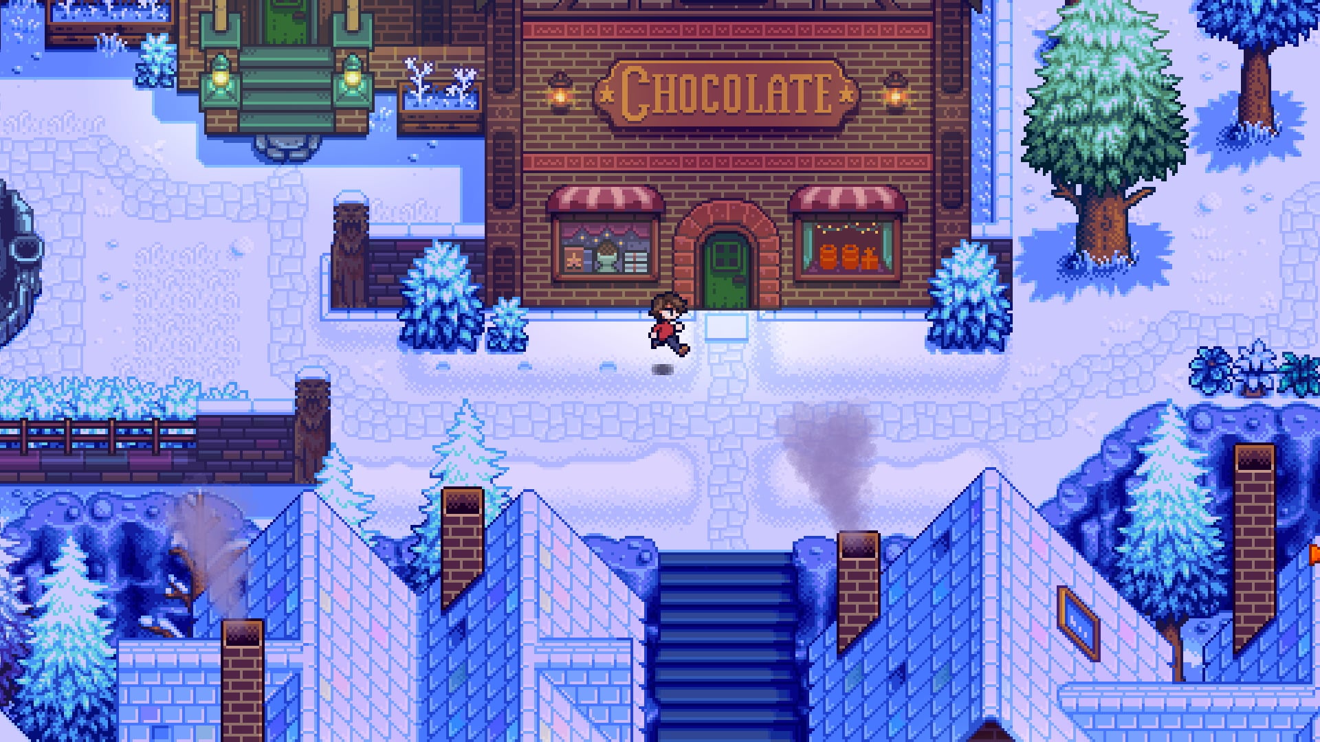 A screenshot of Haunted Chocolatier showing a character running in front of the chocolate shop.