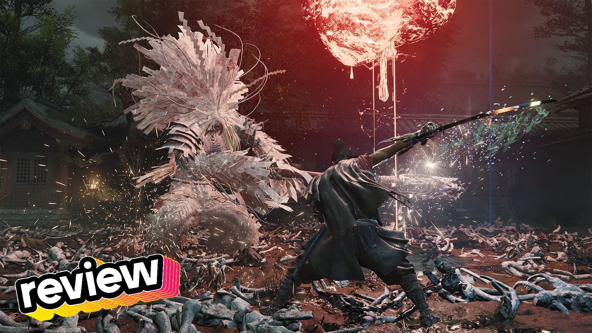 A samurai fights a demon in the garden.