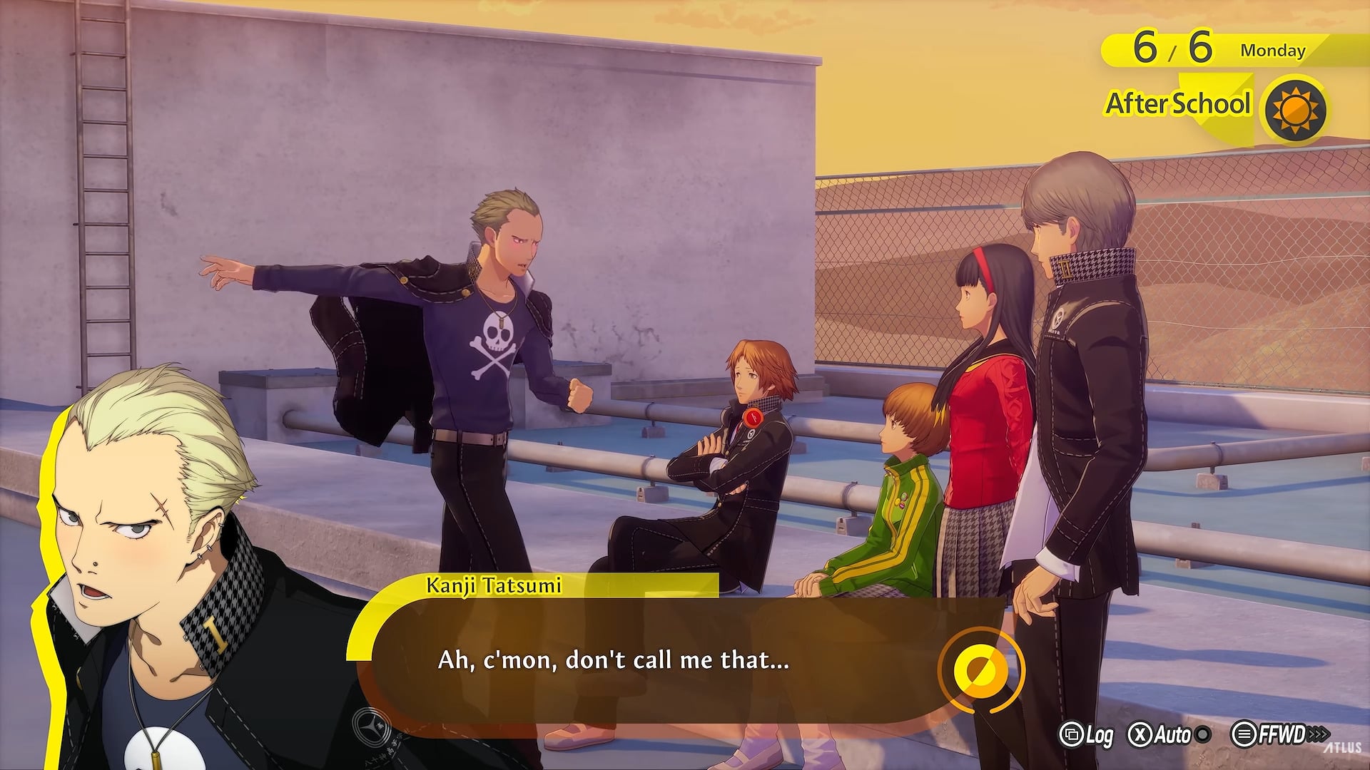 A screenshot of Persona 4 Revival showing Kanji talking to his friends.