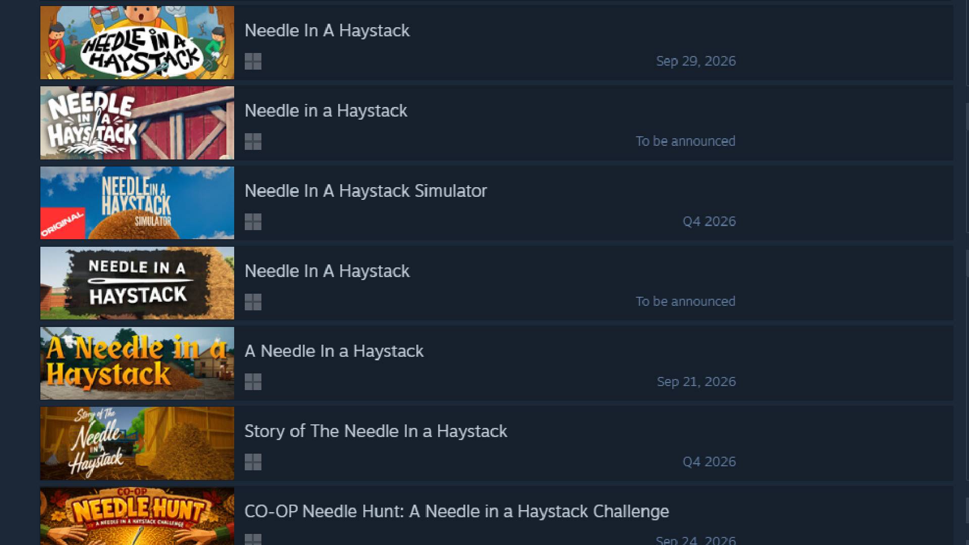 A screenshot of Steam showing a bunch of Needle In a Haystack Simulator clones.