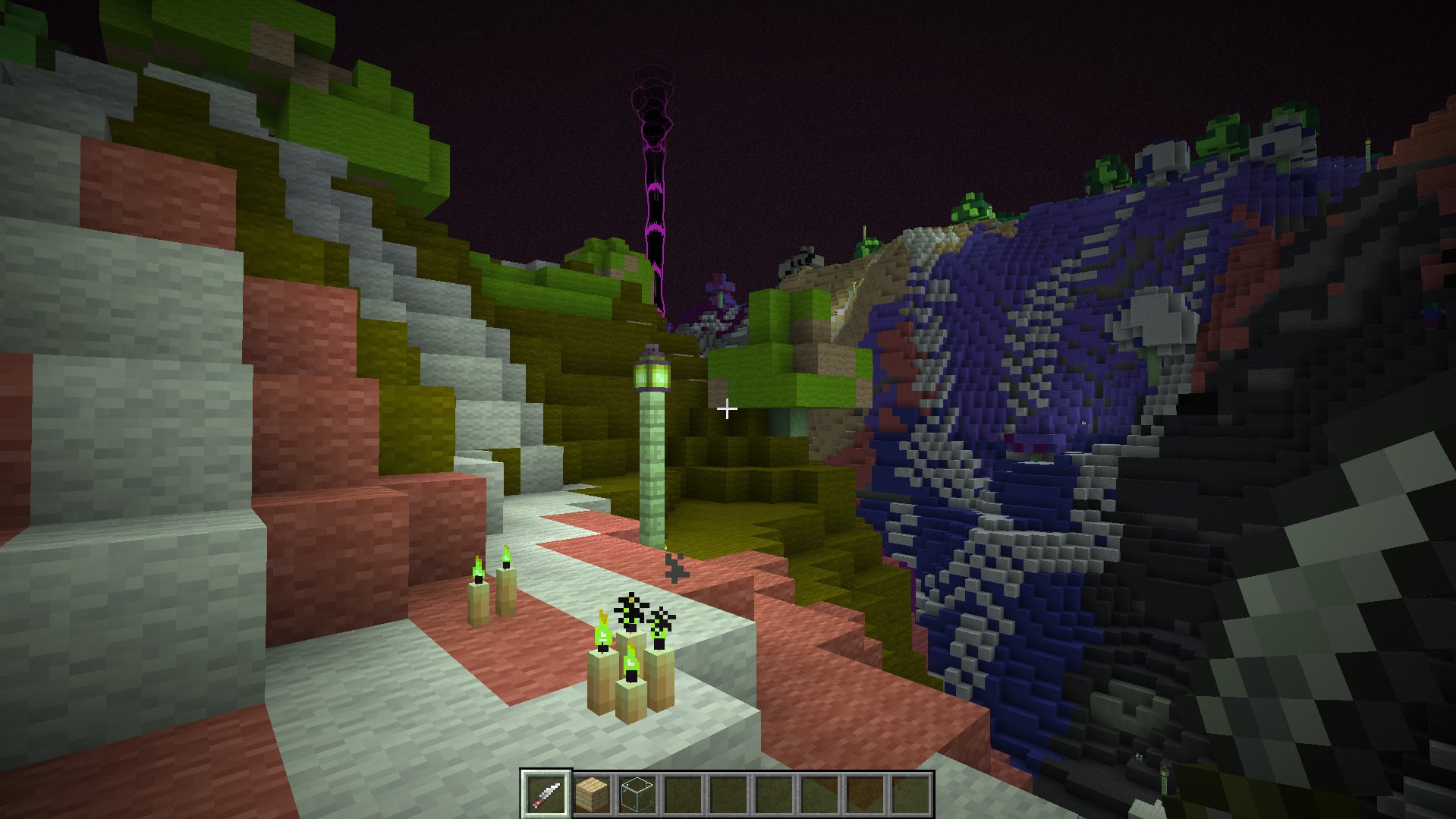 A screenshot of a wool-themed Dark World in Minecraft's Soulbound mod.
