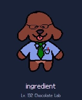 A screenshot of Dog Online showing a level 132 chocolate lab named Ingredient.