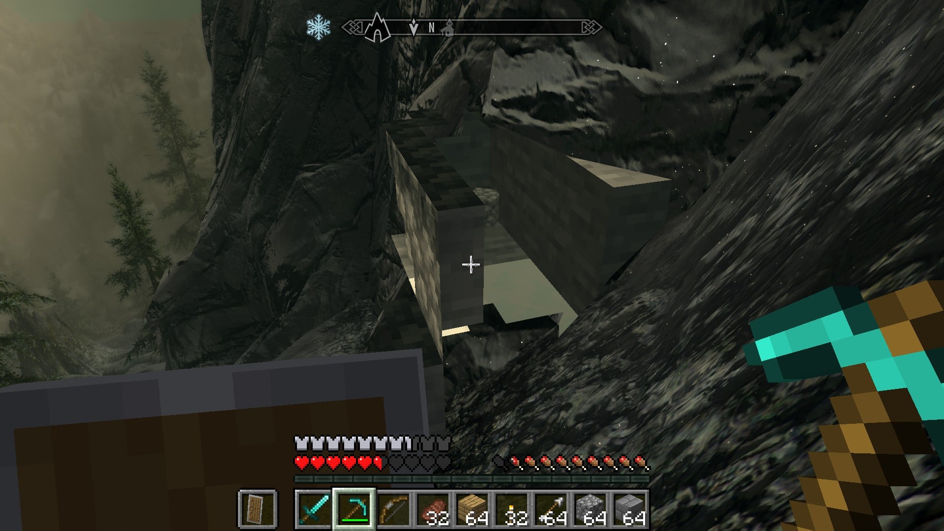 A screenshot of the SkyCraft mod showing a mountain being mined into.