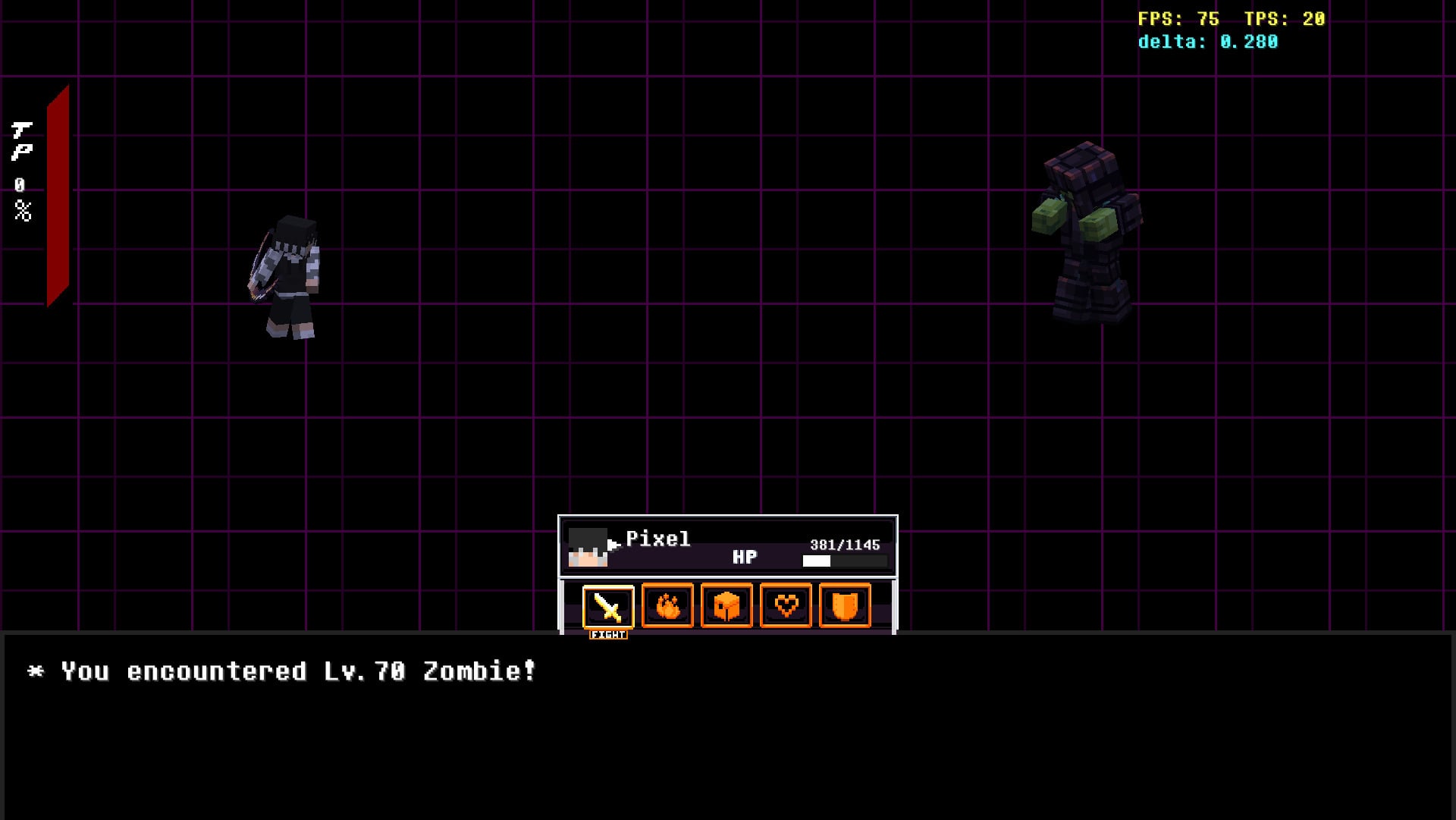 A screenshot of Minecraft's Soulbound mod showing turn-based combat.