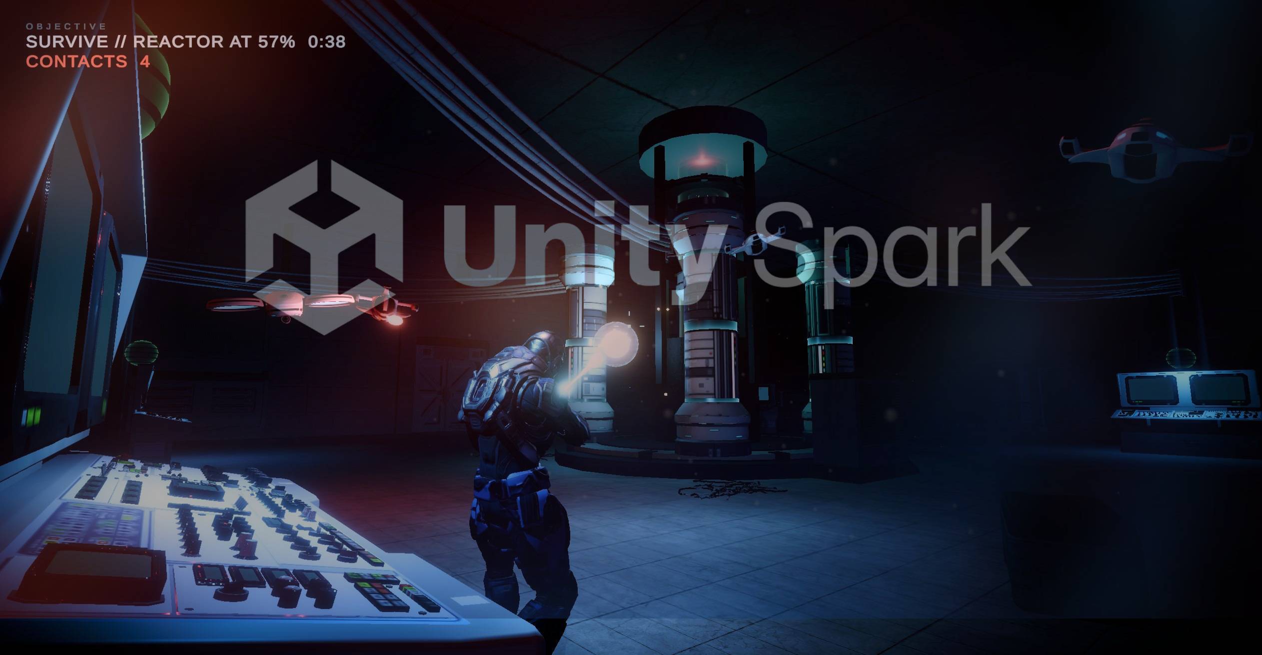A spectacularly lit screenshot from Space Corridor, brightened with the Spark logo.