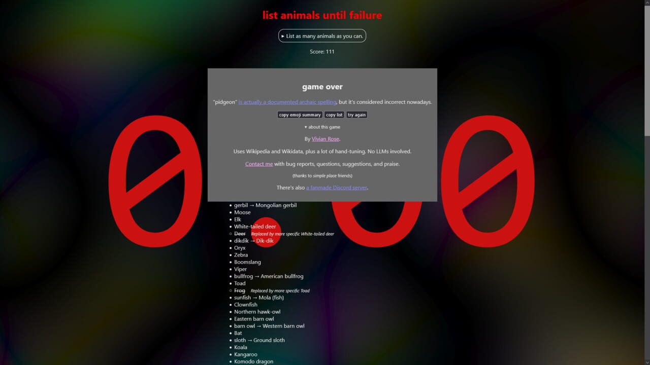 List Animals Until Failure