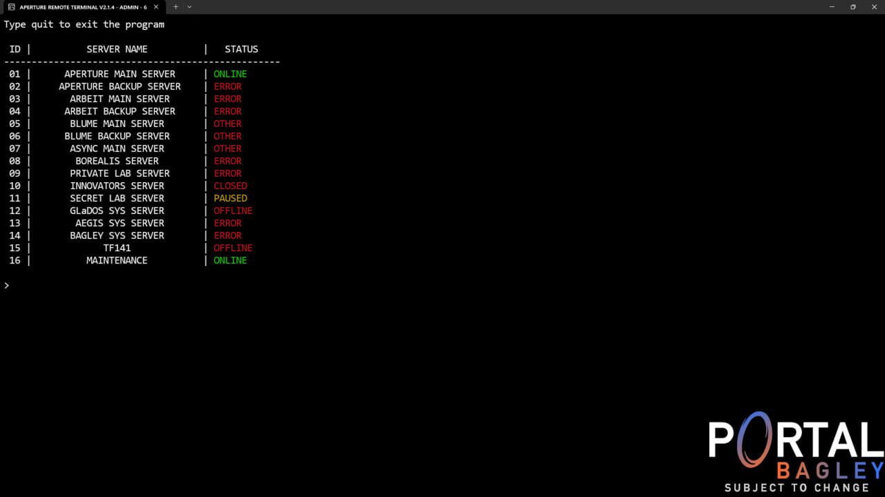 Portal Bagley: Aperture Remote Terminal