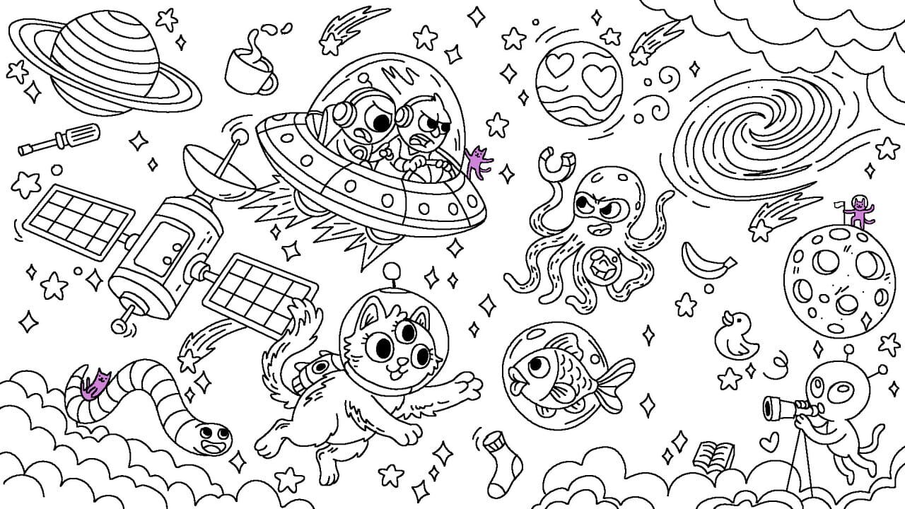 100 Cats Lost in Space Find & Color