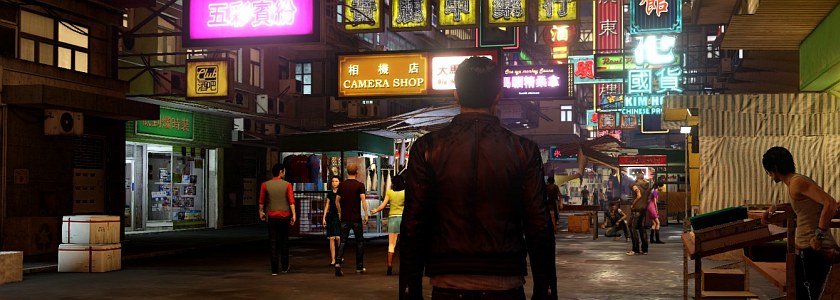Neon-lit Hong Kong street scene in Sleeping Dogs