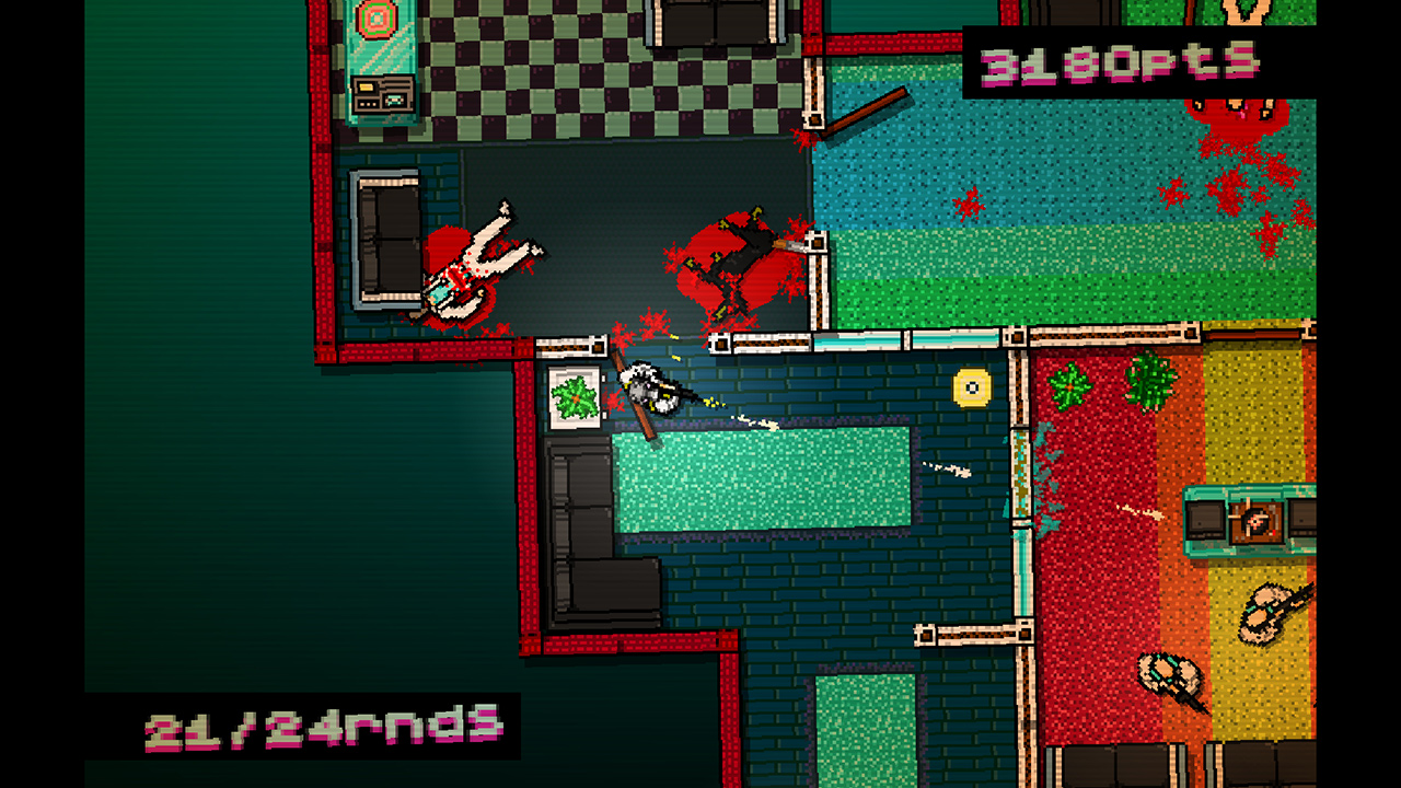 مشهد أكشن من لعبة Hotline Miami يوضح الإيقاع السريع والنيّون