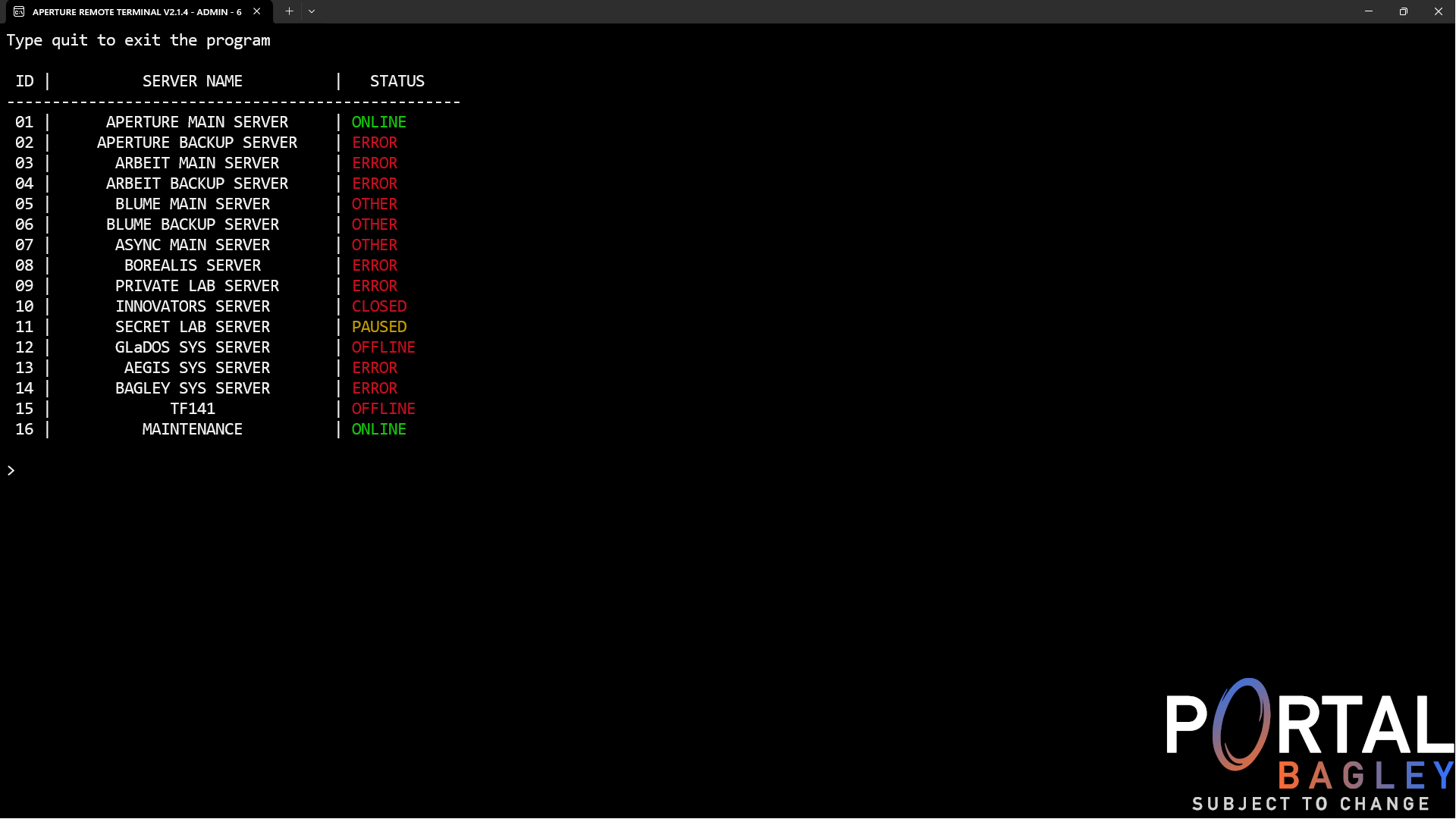 Portal Bagley: Aperture Remote Terminal