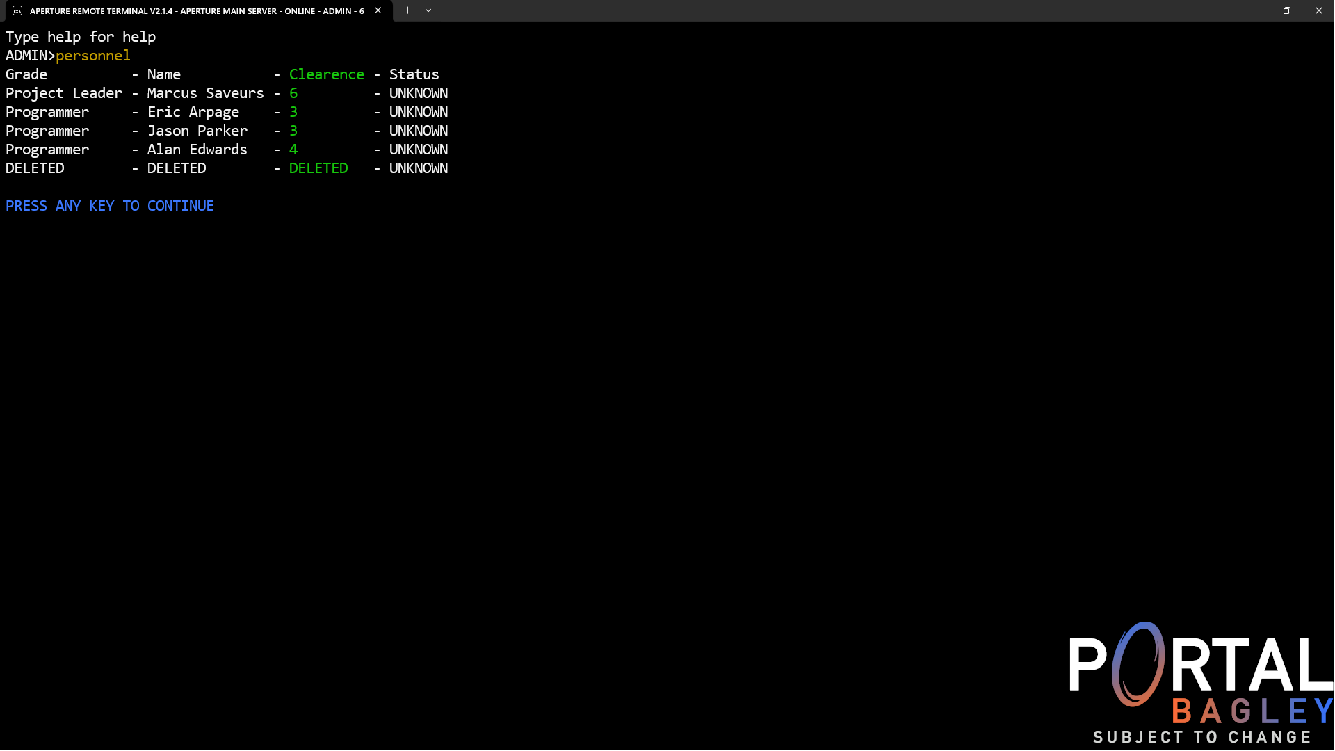 Portal Bagley: Aperture Remote Terminal